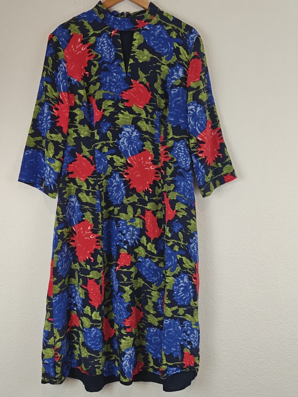 J. Peterman Silk Midi Dress Bold Floral Keyhole Neck 3/4 Sleeve Sz 16 Statement - Picture 2 of 15